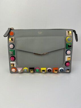Fendi Rainbow Studs Gray Leather Crossbody Bag